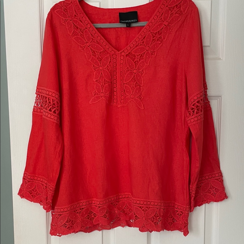 Cynthia Rowley Red Crochet-Trim V-Neck Blouse